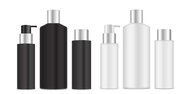 Mockup witte en zwarte glanzende plastic flessenset met dispenser voor vloeibare zeeplotionshampoo PSD