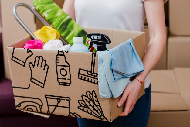 Mockup of woman with cardboard boxes