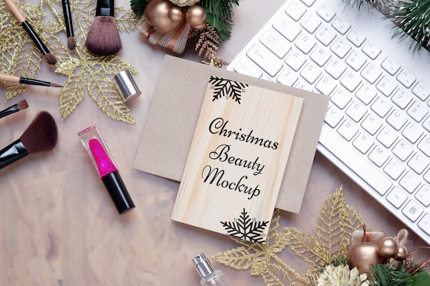 Mockup wood board for Beauty Christmas New Year background concept