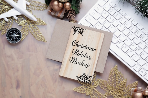 PSD mockup wood board for christmas new year holiday travel background concept