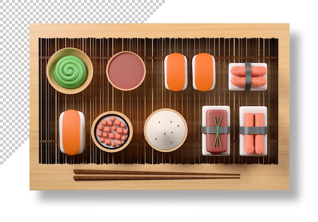 PSD mockup of a wooden board with sushi in top view