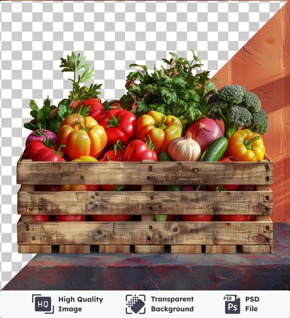 Mockup of a wooden box full of fresh vegetables including red tomatoes green broccoli and a red pepper placed on a red table against an orange and red wall