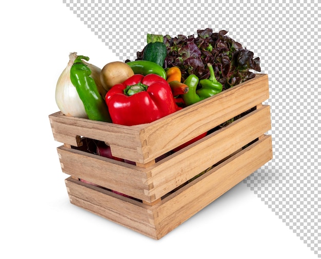 Mockup of a wooden box full of fresh vegetables