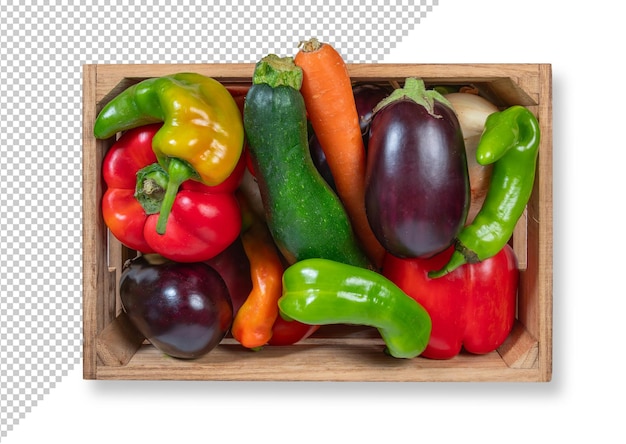 Mockup of a wooden box full of fresh vegetables