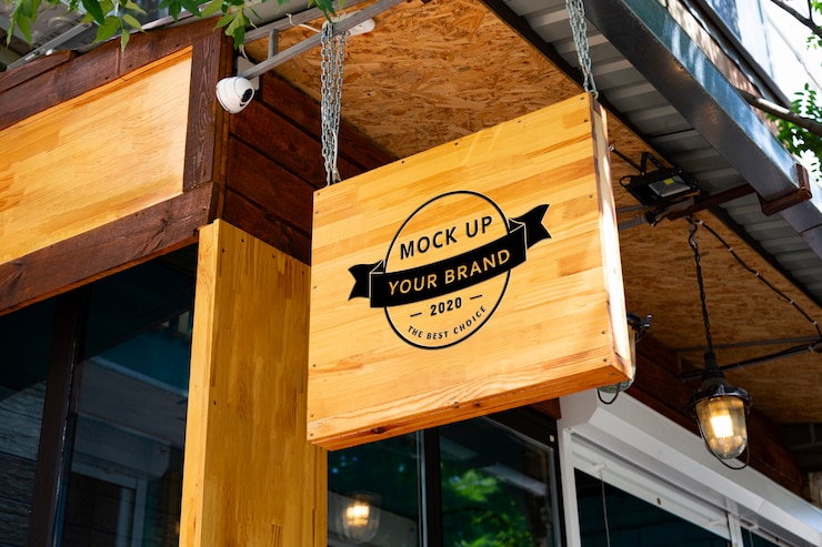 PSD mockup wooden signboard coffee shop