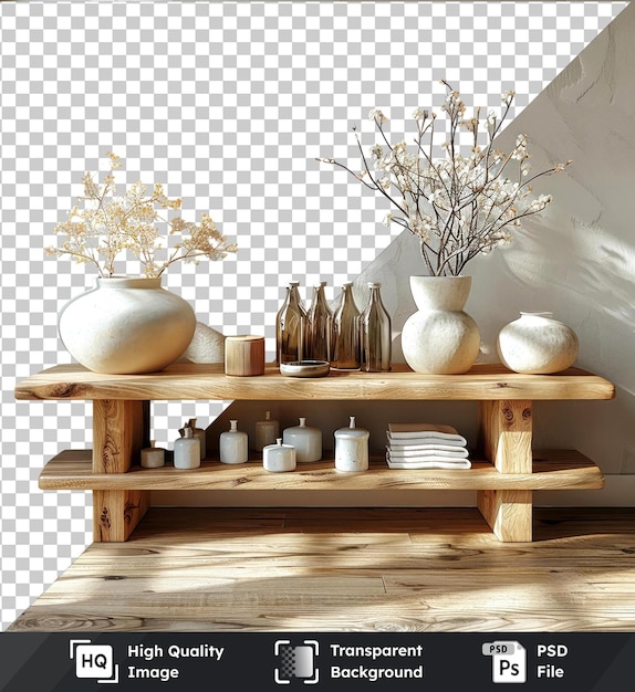 PSD mockup wooden table with vases candles bottles against white wall and floor