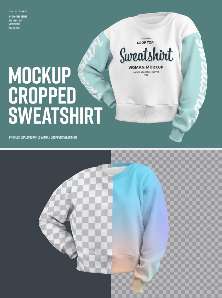 PSD mockups crop top woman sweatshirt 3d style. easy in customizing colors and design cropped sweatshirt