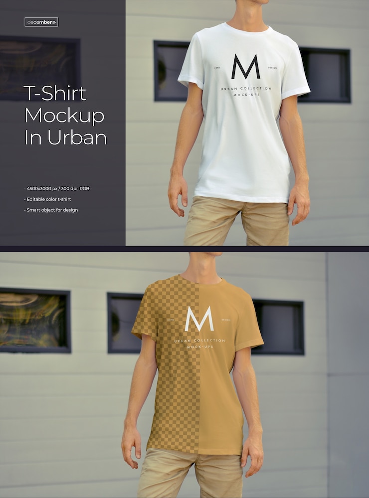 Mockups of an elongated T-shirt on a young guy