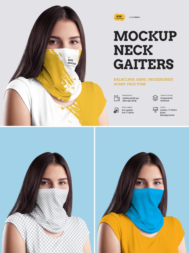 Mockups halskappen. Ontwerp is eenvoudig in het aanpassen van afbeeldingen, ontwerp Slobkousen en T-shirt, kleur van beenkappen en T-shirt en ogen.