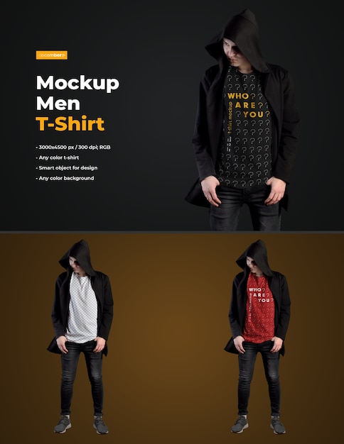 Mockups man t-shirt in een zwarte mantel