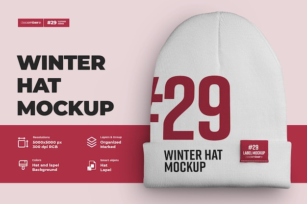 Mockup cappello invernale beanie con risvolto medio. il design è facile nella personalizzazione delle immagini design berretto (cappello, risvolto, etichetta), colore di tutti gli elementi berretto, trama erica