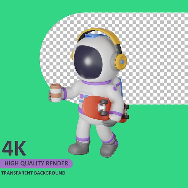 Model 3d Renderujący Dziecko Astronauta Chodzące Podczas Słuchania Muzyki I Niosące Deskorolkę