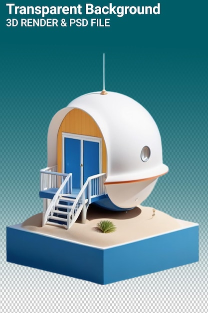 PSD un modello di una casa sulla spiaggia con una porta blu e una palma in cima