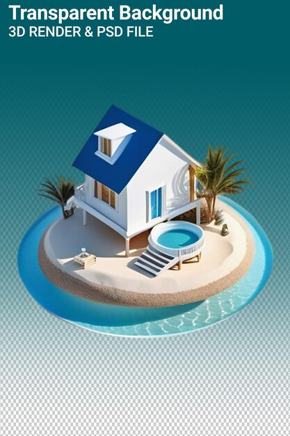 A model of a beach house with a blue roof and a blue house on the bottom