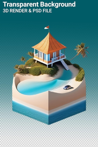 PSD un modello di una casa sulla spiaggia con una barca in acqua
