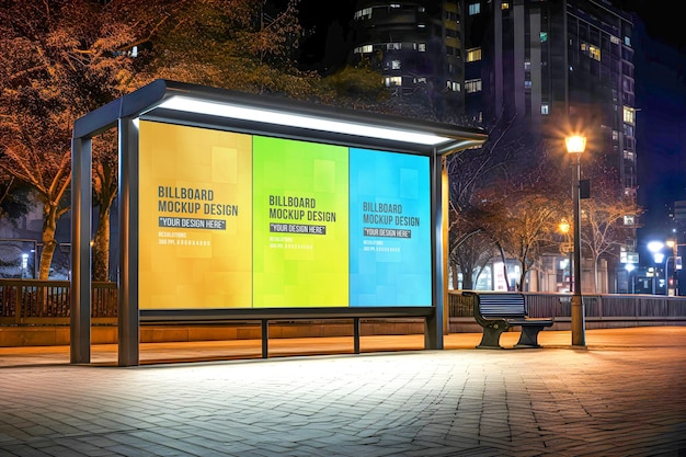 PSD model billboardu reklamowego w pobliżu przystanku autobusowego w mieście nocnym widokiem