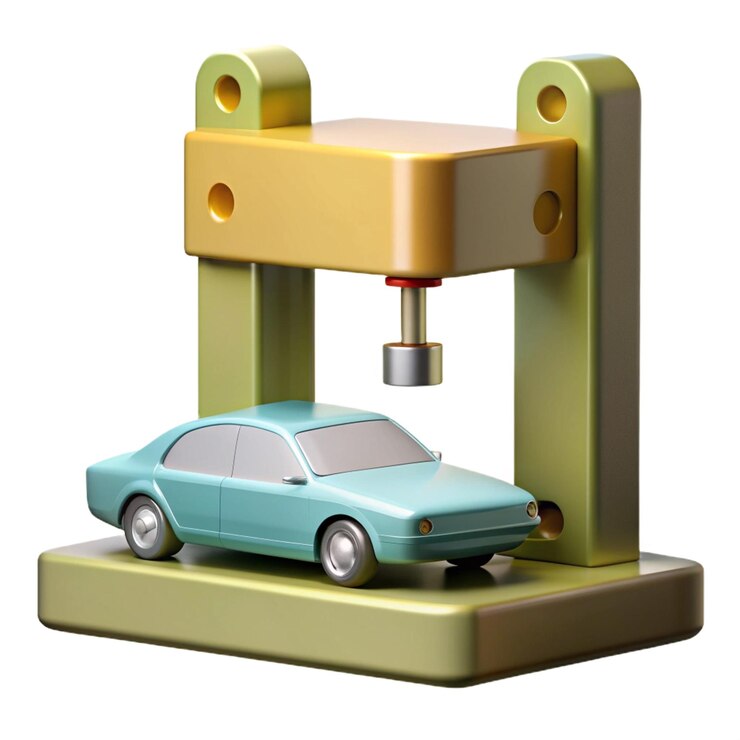 PSD a model of a blue car is on a metal stand