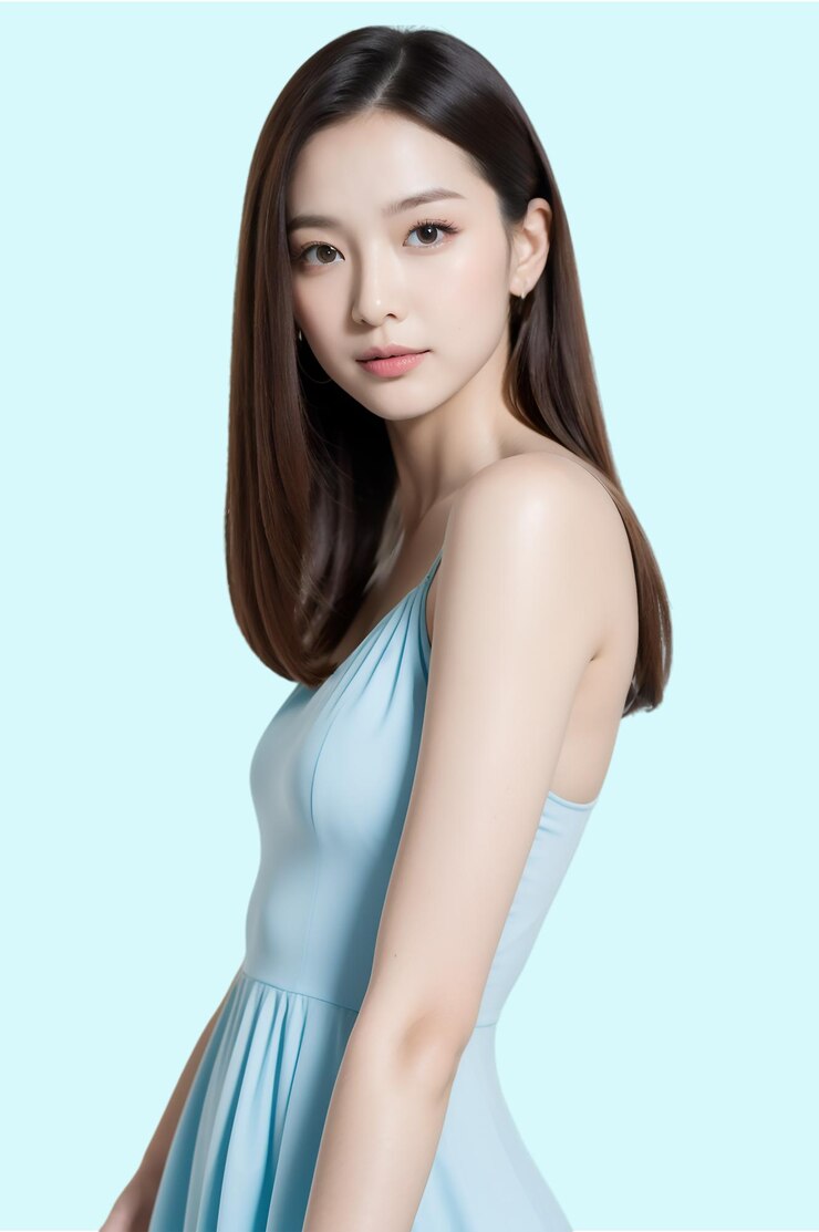 PSD 一個穿著藍色禮服的模特兒,脖子上有白色弓
