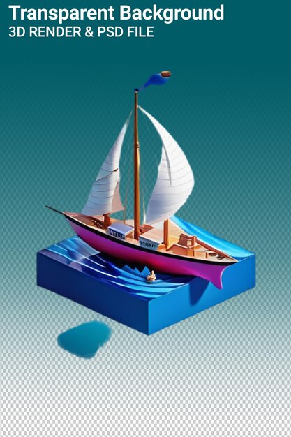 PSD a model of a boat with a blue sail and a red arrow