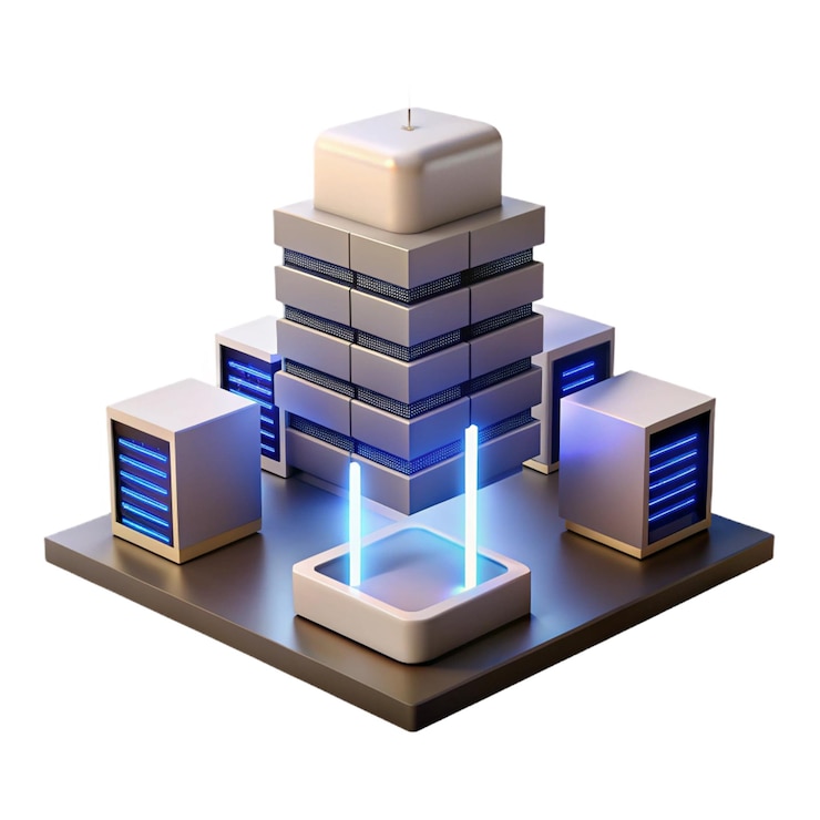 PSD a model of a building with blue lights on it