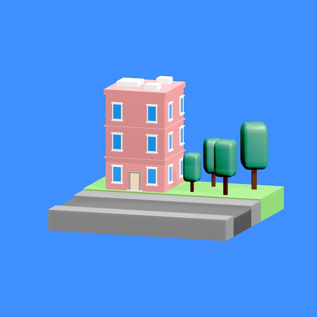 A model of a building with a green roof and a blue background