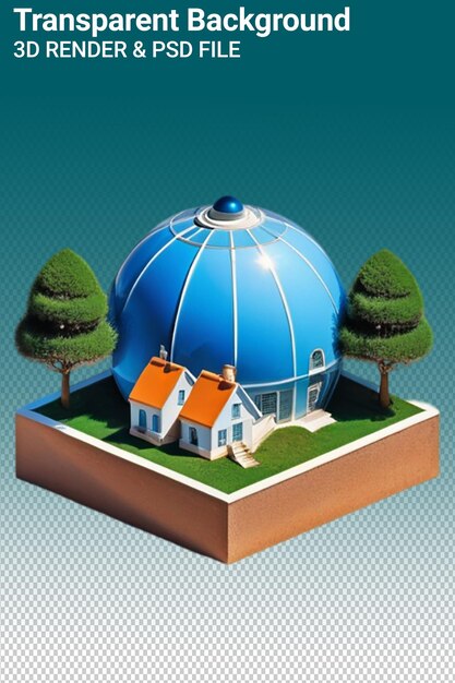 PSD a model of a dome with trees and a house on it