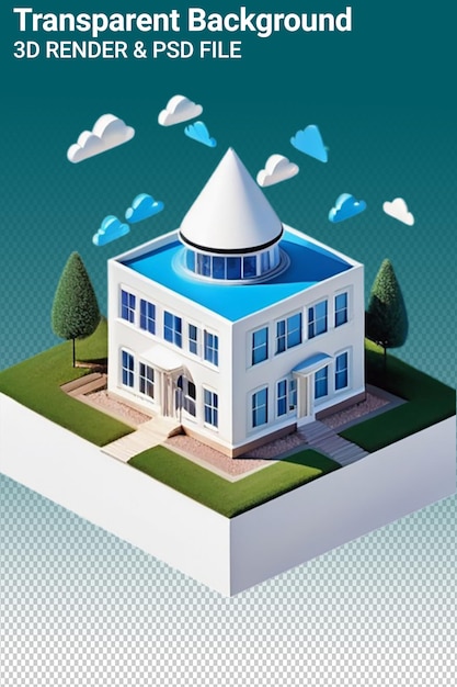 PSD model domu z niebieskim niebem i chmurami