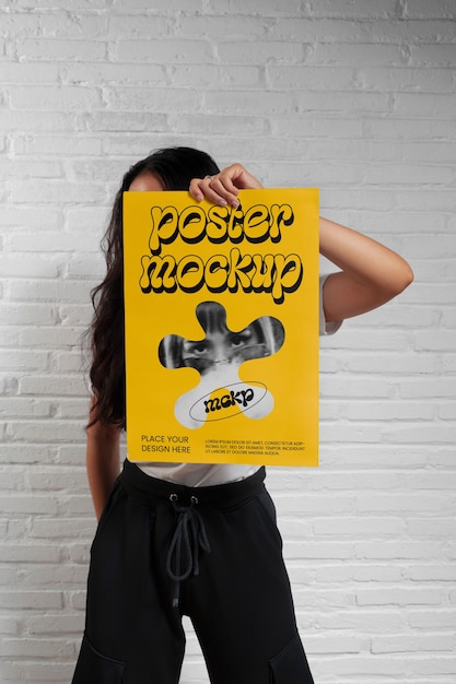 model holding poster mockup