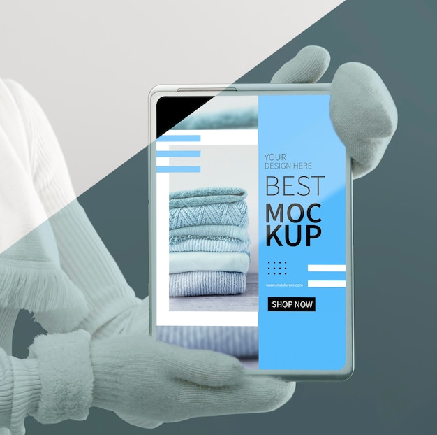 model holding tablet mockup close up