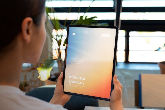 PSD model holding a tablet mockup