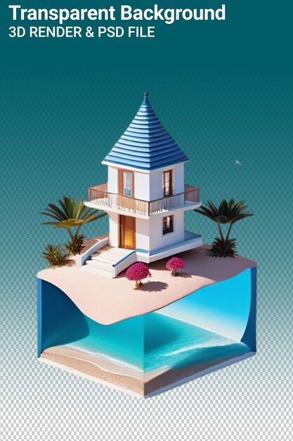 Un modello di una casa su una spiaggia con palme e uno sfondo blu e bianco
