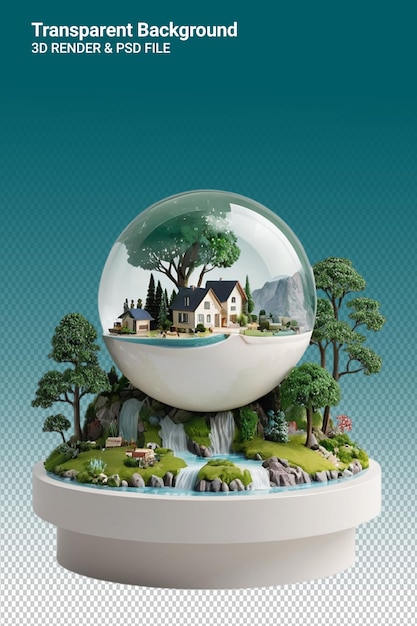 A model of a house in a bubble with trees and a house in the background