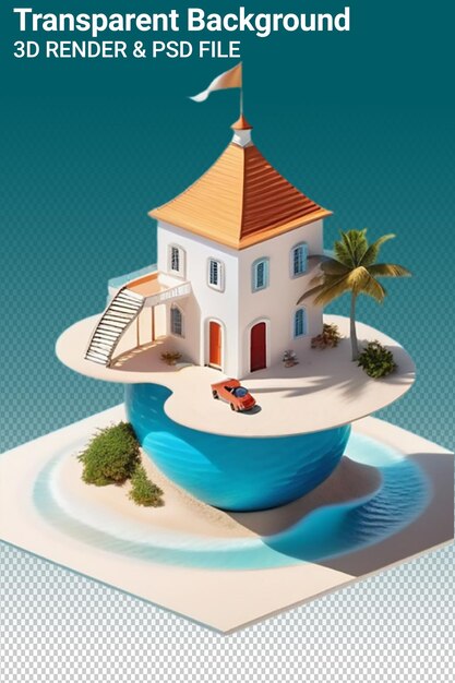 A model of a house with a car on the top