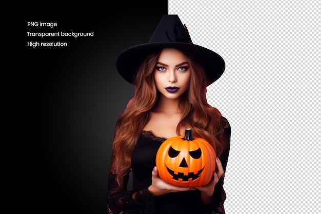 PSD model in kostuum met halloween-make-up en een uitgesneden pompoen