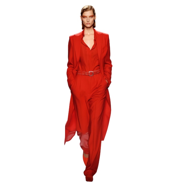 PSD model in stijlvolle rode outfit op een geïsoleerde achtergrond wegrennen modeshow