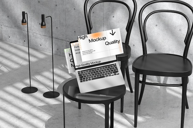 PSD model laptopa z zewnętrznym tłem i krzesłem.