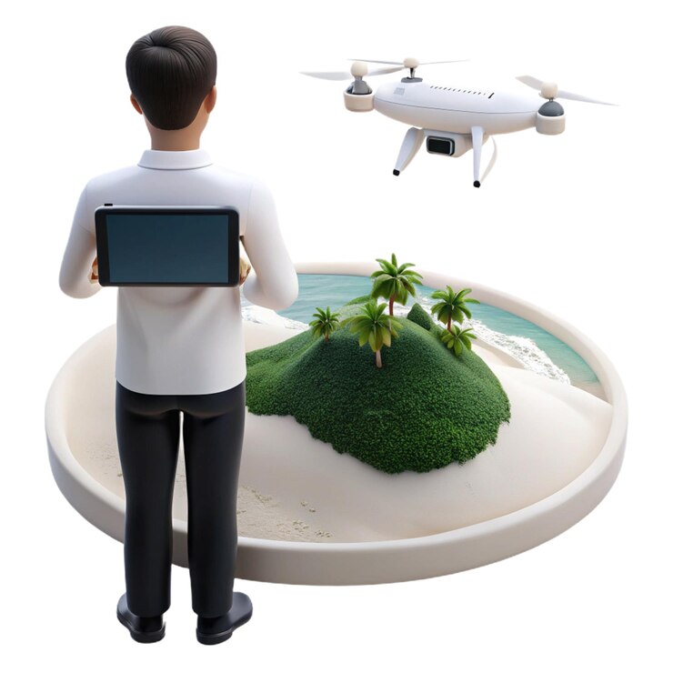 PSD a model of a man holding a tablet with a remote control in the background