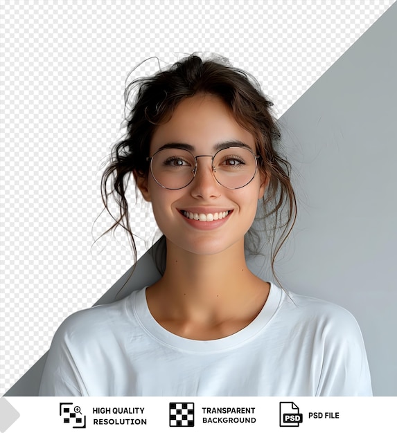 Model Obrazu Psd Studenta Uśmiechniętego Z Brązowymi Okularami I Włosami W Białej Koszuli Na Białej ścianie Z Małym Uchem Widocznym Na Pierwszym Planie