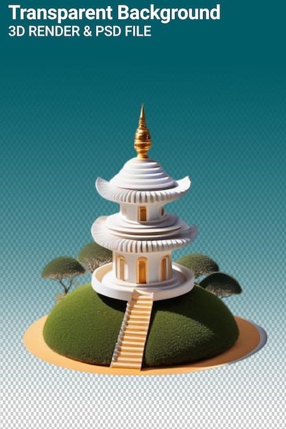 A model of a pagoda with a gold ribbon around it