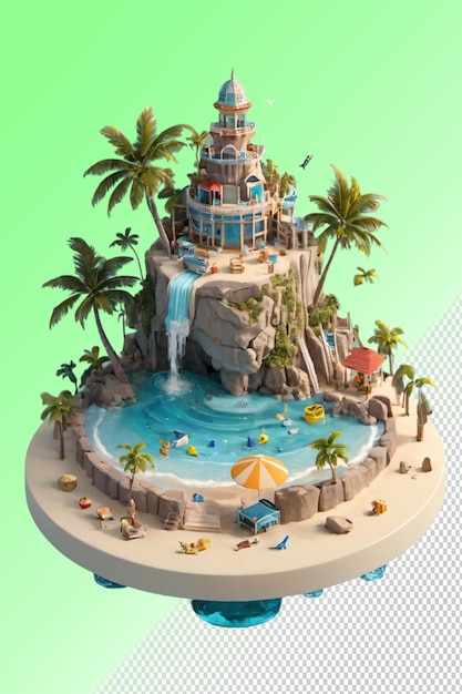 PSD model parku wodnego z drzewami palmowymi i basenem z zjeżdżalnią wodną