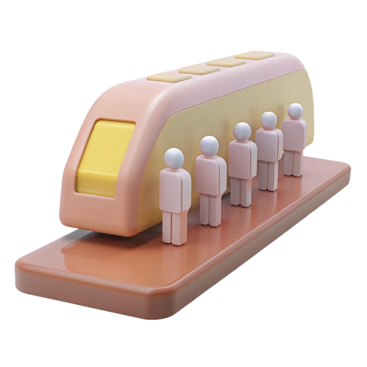 PSD a model of a pink train with people in front of it