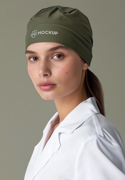 PSD model posing in medical uniform mockup