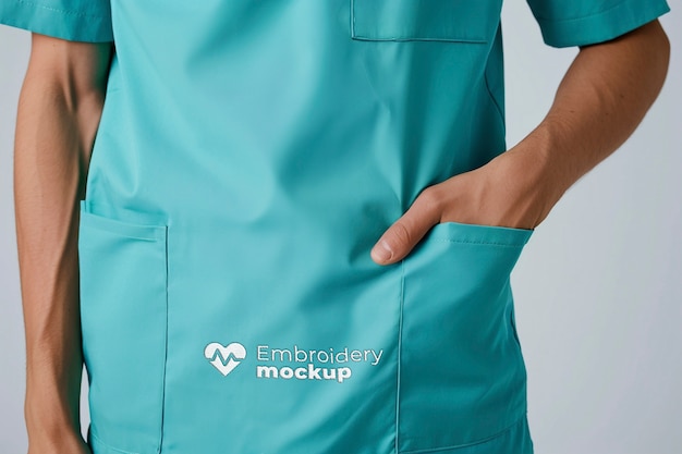 Model posing in medical uniform mockup