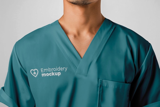 PSD model posing in medical uniform mockup