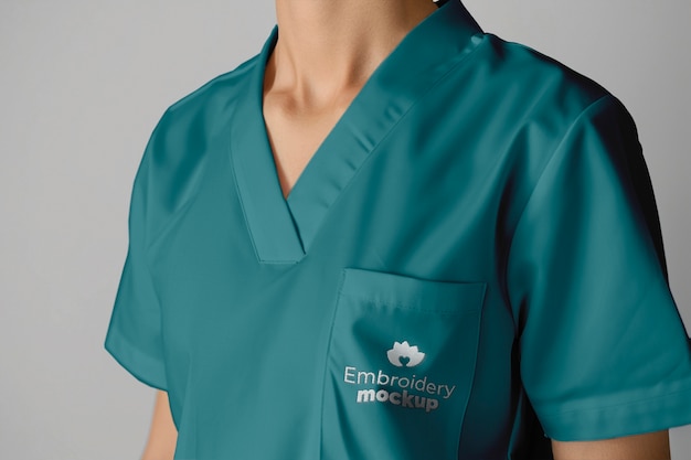 PSD model posing in medical uniform mockup