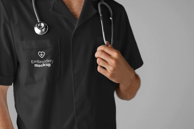 PSD model posing in medical uniform mockup