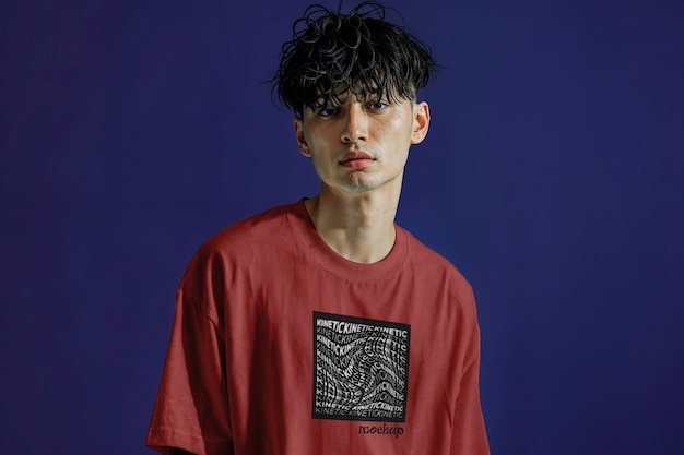 model posing with shirt in studio mockup