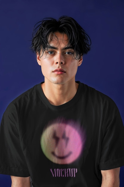 model posing with shirt in studio mockup