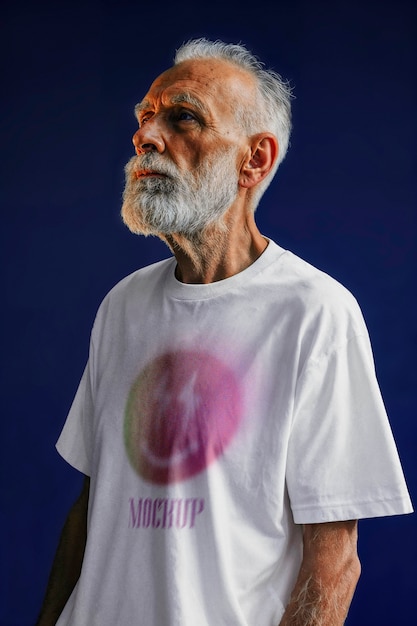 Model posing with shirt in studio mockup
