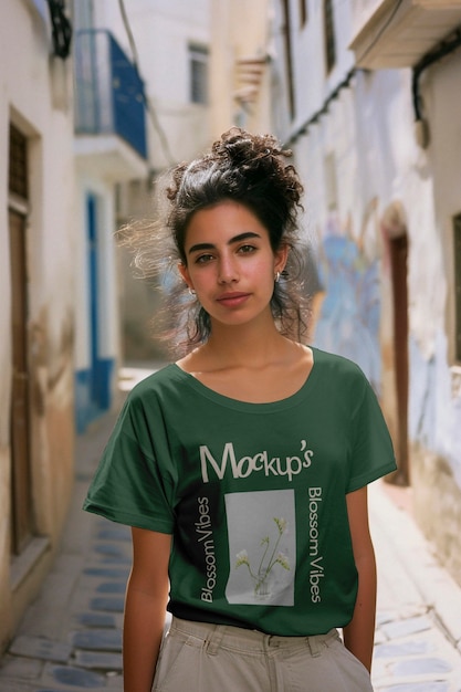 model posing with t shirt mockup
